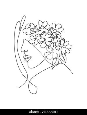 Una singola linea di disegno astratto faccia con fiori naturali illustrazione vettoriale. Bellezza donna ritratto concetto di stile minimalista per l'arte della decorazione della parete Illustrazione Vettoriale