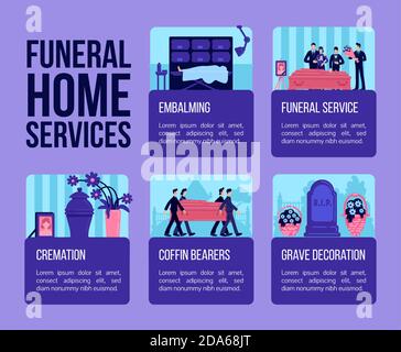 Modello informativo vettoriale a colori flat dei servizi funerali domestici Illustrazione Vettoriale