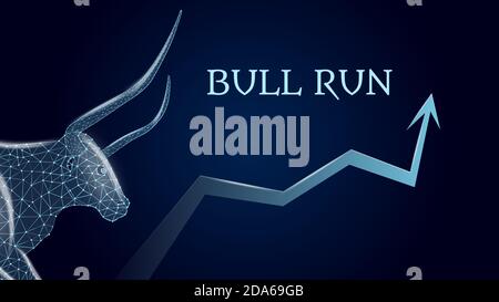 Corrono con una testa poligonale e una freccia verso l'alto su sfondo blu scuro. Trend rialzista in borsa. Illustrazione vettoriale. Illustrazione Vettoriale