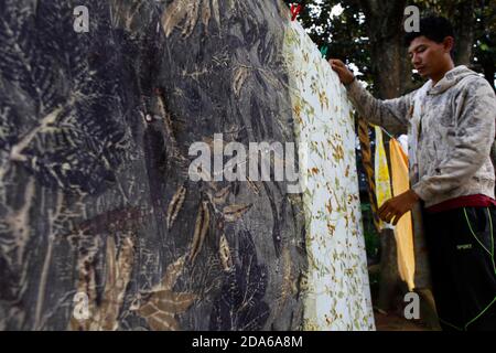 Bogor, Indonesia. 09 novembre 2020. Un artigiano asciuga un panno modellato durante la fabbricazione del tessuto utilizzando tecniche di stampa ecologica presso la galleria di produzione di Arie, a Bogor City, West Java, Indonesia, il 9 novembre 2020. Eco-printing è una tecnica di stampa impianti, foglie e fiori lasciare le loro forme, colore, e segni sul tessuto per una delle tendenze della moda ecocompatibile. (Foto di Adrian/INA Photo Agency/Sipa USA) Credit: Sipa USA/Alamy Live News Foto Stock