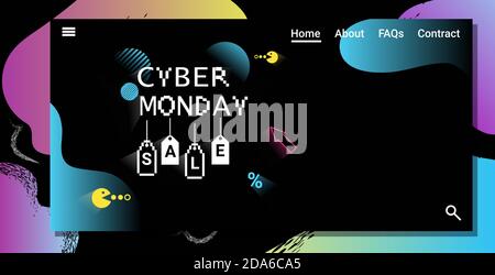 offerta online del cyber monday poster pubblicitario volantino promozione shopping natalizio immagine vettoriale orizzontale banner stile grafica a 8 bit pixel Illustrazione Vettoriale