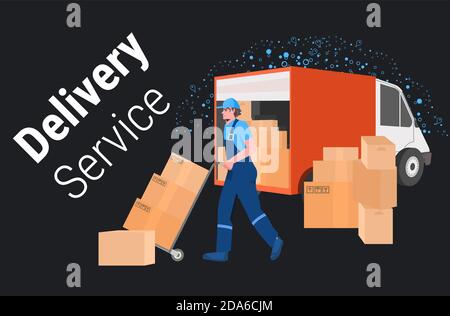 uomo corriere caricamento scatole di cartone in camion camion nero venerdì vendita concetto di servizio di consegna rapida illustrazione vettoriale orizzontale a lunghezza intera Illustrazione Vettoriale