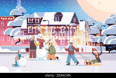 mescolare la gente di corsa in maschere che hanno donne di uomini di divertimento di inverno camminando outdoor concetto di quarantena coronavirus intera lunghezza orizzontale illustrazione vettoriale Illustrazione Vettoriale