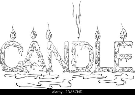 Lettering candela di parola gocciolante sotto forma di candele brucianti. Illustrazione vettoriale isolata su sfondo bianco. Colorazione pagina libro in stile disegnato a mano. Parole per stampa, striscioni, poster, libri. Illustrazione Vettoriale