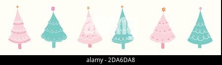 Albero di Natale bordo disegno modello, cute mano disegnata festa banner decorazione in rosa e verde. Illustrazione del vettore vacanze. Illustrazione Vettoriale