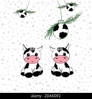 Simbolo dell'anno, il toro, decora l'albero di Natale. Cartolina. Con l'iscrizione in russo felice anno nuovo Illustrazione Vettoriale