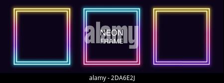 Cornice quadrata al neon gradiente. Insieme vettoriale di bordo neon quadrate con contorno doppio. Forma geometrica con spazio di copia, elemento grafico futuristico per SO Illustrazione Vettoriale
