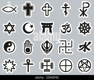 Simboli di religione icone Bianco e nero Sticker Set Grande Illustrazione Vettoriale