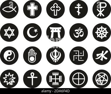 Simboli di religione icone bianche su Black Flat Design cerchio Set Grande Illustrazione Vettoriale