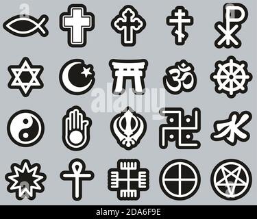 Simboli di religione icone Bianco su nero Sticker Set Big Illustrazione Vettoriale