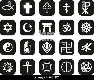 Simboli di religione icone Bianco su Black Flat Design Set Grande Illustrazione Vettoriale