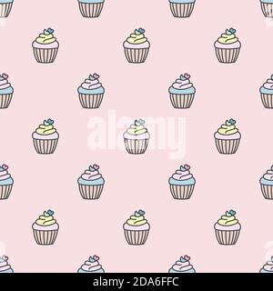Carino motivo cupcake pastello, cupcakes disegnati a mano, muffin rosa sfondo motivo vettoriale. Carino motivo cupcakes pastello. Semplice sfondo muffin. Illustrazione Vettoriale