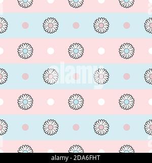 Sfondo nero e rosa con motivo vettoriale a margherita. Motivo a strisce pastello con fiori e punti. Motivo vettoriale b a strisce di fiori rosa e blu margherita Illustrazione Vettoriale