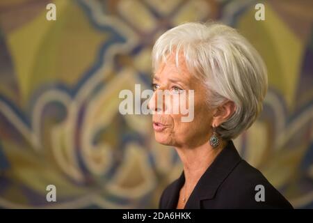 KIEV, UCRAINA - 06 settembre 2015: Direttore generale del Fondo monetario internazionale, Christine Lagarde, durante un incontro con il presidente dell'Ucraina Petro Poroshenko a Kiev Foto Stock