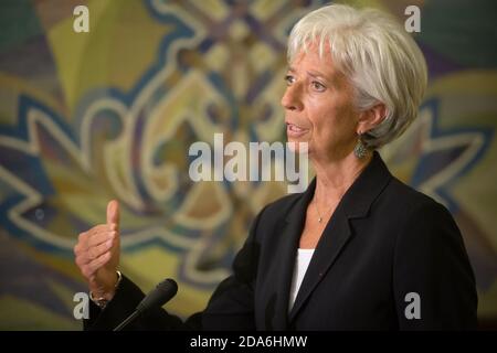 KIEV, UCRAINA - 06 settembre 2015: Direttore generale del Fondo monetario internazionale, Christine Lagarde, durante un incontro con il presidente dell'Ucraina Petro Poroshenko a Kiev Foto Stock