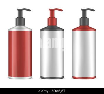Flacone lucido vuoto con dispenser a pompa, illustrazione vettoriale realistica. Confezione di prodotti cosmetici in nero, bianco, rosso Illustrazione Vettoriale