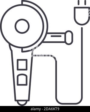 Icona della smerigliatrice angolare, illustrazione isolata lineare, vettore a linee sottili, segno di disegno a nastro, simbolo di concetto del contorno con tratto modificabile su bianco Illustrazione Vettoriale