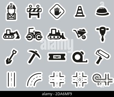 Icone per la costruzione di strade Set di adesivi in bianco e nero Big Illustrazione Vettoriale
