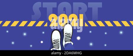 2021 New Years inizia la copertina della pagina web di Facebook, illustrazione della vista dall'alto di gambe, strisce, bordi. Concetto psicologico di isolamento, boundari personali Illustrazione Vettoriale