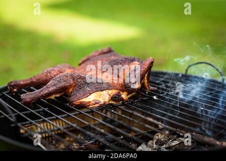 Tradizionale pollo al mattone alla griglia con barbecue spatchcoccato. Grigliare e affumicare pollo alla griglia all'aperto su legna da ardere barbecue in natu Foto Stock