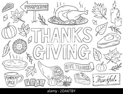 Collezione di doodle ornamenti di ringraziamento. Illustrazione vettoriale in bianco e nero. Illustrazione Vettoriale