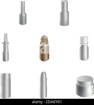 confezioni farmaceutiche in bianco 3d: blister di pillola e capsule, tubo, contenitore per compresse, flacone per farmaci. Modello vettoriale di confezione bianca pulita per Illustrazione Vettoriale