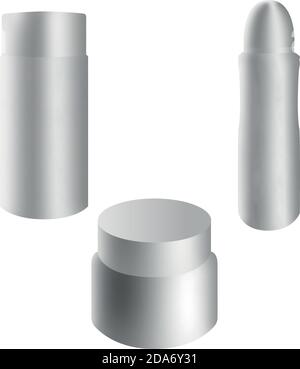 confezioni cosmetiche in bianco 3d: vasetto di crema, deodorante, flacone cosmetico. Illustrazione vettoriale. Set per la progettazione del pacchetto. Illustrazione Vettoriale