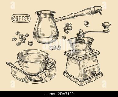 Caffè vintage. Illustrazione vettoriale dello schizzo della bevanda Illustrazione Vettoriale