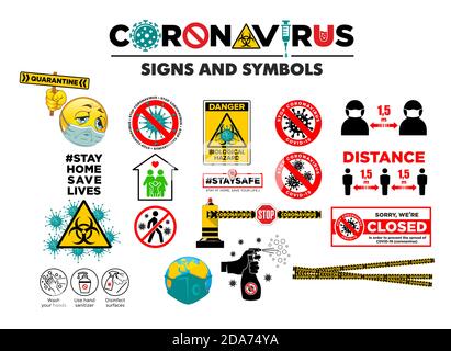 Set di simboli e segni del coronavirus. Misure preventive, quarantena per infezione da COVID-19. Infografiche da utilizzare sul sito, volantino, pubblicità Illustrazione Vettoriale