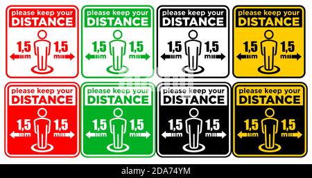 Mantenere una distanza sociale sicura di 1.5 m. Serie di cartelli di avvertenza sullo sportello anteriore. Vettore Illustrazione Vettoriale