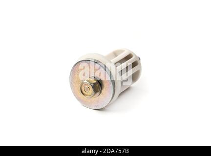 Il bullone di trasporto è isolato su uno sfondo bianco. Foto Stock