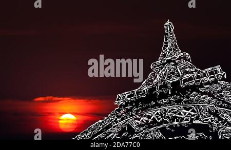 Storia dell'arte di Parigi. Immagine stilizzata della Torre Eiffel su uno sfondo di cielo sfocato e tramonto con spazio di copia Foto Stock