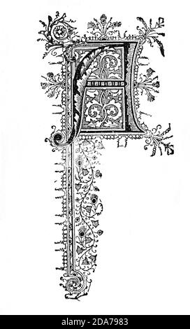 Una lettera decorata in modo originale utilizzata come tappo iniziale o a goccia all'inizio di una parola, di un capitolo o di un paragrafo più grande del resto del testo. La parola deriva dal latino inizialis, che significa stare all'inizio. Un iniziale è spesso diverse linee in altezza e in libri o manoscritti più vecchi, a volte ornately decorati. Foto Stock