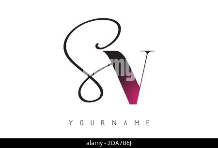 Logo scritto a mano SV S V Letters con design Pink Color Touch Concept. Illustrazione Vettoriale