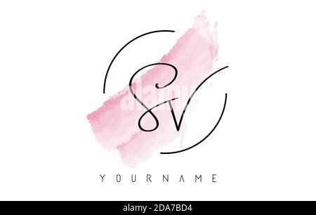 Logo scritto a mano SV S V Letters con disegno circolare arrotondato e pennello color acquerello rosa pastello. Illustrazione Vettoriale