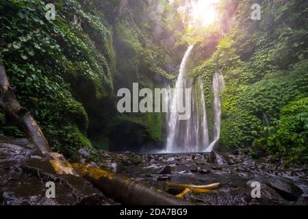 Monte Rinjani (o Gunung Rinjani) paesaggio al bordo del cratere che si affaccia sul lago del cratere e la sua montagna vulcanica. Mountain Rinjani è un volcan attivo Foto Stock