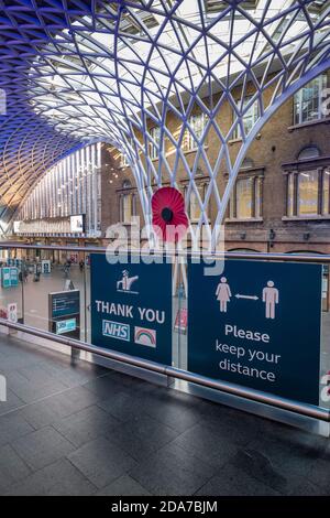 Kings Cross Station, Londra, novembre 10 2020, la mostra annuale di papavero ricordo più il supporto per l'NHS e promemoria per osservare le distanze sociali Foto Stock