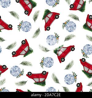 Sfondo senza cuciture con decorazioni natalizie, Natale e l'illustrazione delle vacanze invernali per sfondi, tessuto o avvolgimento Foto Stock