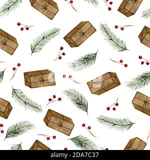 Natale modello senza giunture con regali, acquerello vintage illustrazione di Natale per sfondi, tessuto o imballaggio, carta di vacanza invernale Foto Stock