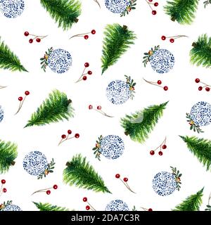 Natale vacanza sfondo senza giunture con l'albero di Natale acquerello e ornamenti, Natale illustrazione decorativa per stampa, tessuto o avvolgimento Foto Stock