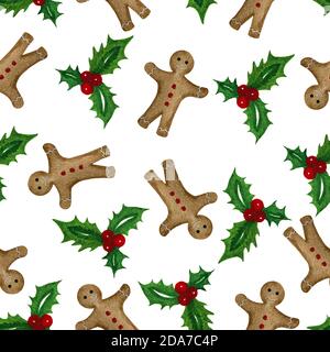 Acquerello Natale sfondo vacanza con biscotti di pan di zenzero, agrifoglio e bacche, acquerello inverno vacanza decorazione per stampa, tessuto o avvolgimento Foto Stock