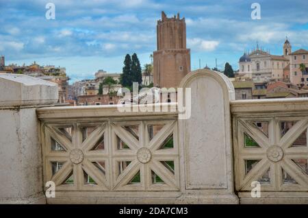 Gull sulle prospettive sopra il centro storico di Roma. Seagull si erge sui tetti di Roma Foto Stock