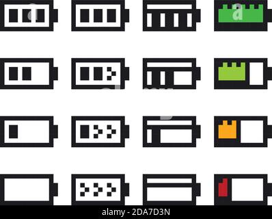 Set di icone vettoriali pixel art - immagine retrospettiva a 8 bit degli indicatori di carica della batteria, con carica completa, parziale e scarica. Sprite di videogiochi Illustrazione Vettoriale