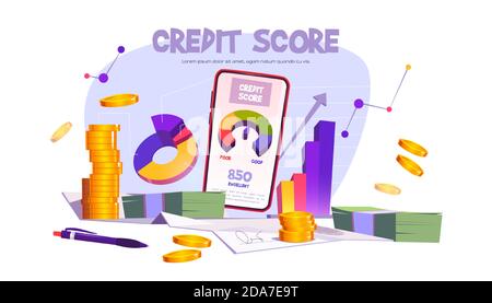 Applicazione mobile di punteggio di credito con scala di valutazione da cattivo a buon tasso. Banner vettoriale con illustrazione cartoon con indicatore di prestito sullo schermo dello smartphone, grafico e denaro Illustrazione Vettoriale
