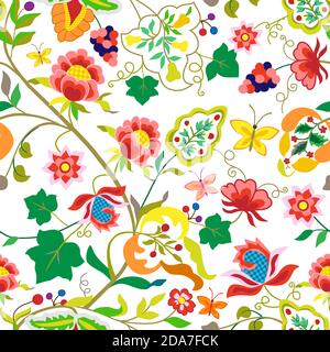 Fiori folk motivo senza cuciture in stile vintage isolato su sfondo bianco. Stampa vettoriale con fiori etnici, foglie, rami d'uva e farfalla Illustrazione Vettoriale