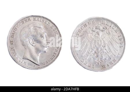 Germania Germania Germania Germania Germania Kaiser Koenig Konig 1909 moneta d'argento denaro Foto Stock