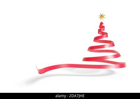 Il nastro rosso disegna un albero di Natale con una stella d'oro alla sua punta isolata su sfondo bianco. illustrazione 3d. Foto Stock