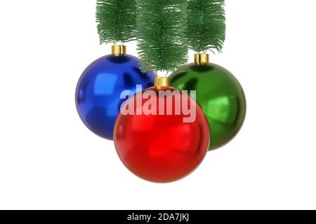 Tre palline di natale rosse, verdi e blu isolate su sfondo bianco. Foto Stock