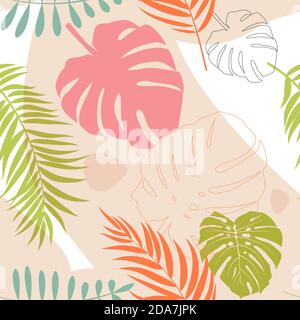 Tropical Monstera Palm foglie trendy motivo senza cuciture sfondo. Illustrazione vettoriale. Illustrazione Vettoriale