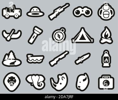 Safari o Caccia icone Bianco su Black Sticker Set Big Illustrazione Vettoriale